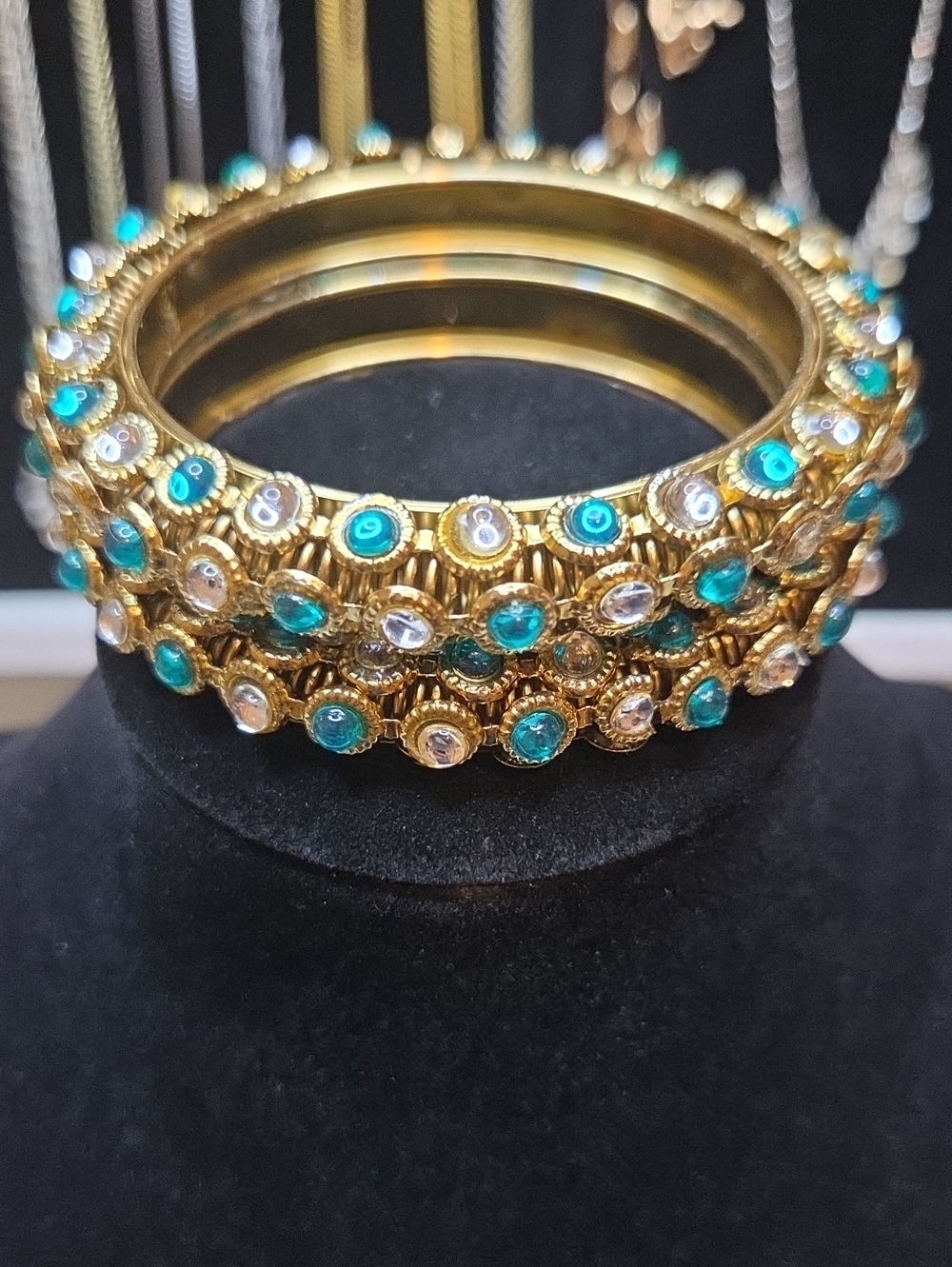 Gold-Tone Stackable Bangle Set with Green and Clear Stones